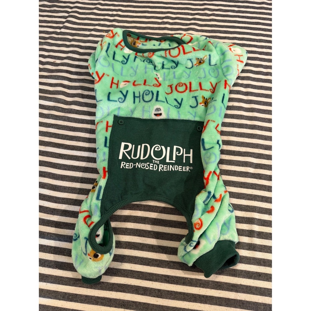 Rudolph Red-Nosed Reindeer Dog Pajamas Large Holly Jolly Fleece Pet Onesie Green